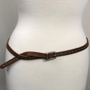 Brown Leather Skinny Belt with Turquoise Bead Accents